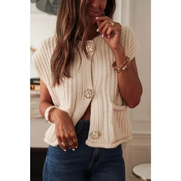 NWT ESME Cream Sleeveless Sweater Knit Vest With Gold Buttons - Picture 1 of 11